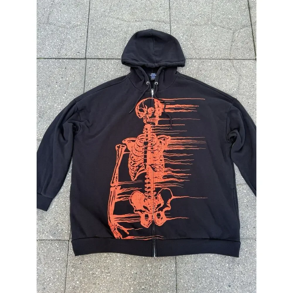 Social Collision Skeleton Zip Up Hoodie 2XL Black Orange Goth Grunge Emo Punk